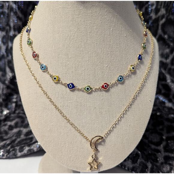 Nordstrom Layered Glass Bead Necklace Star Moon Pendant Gold Toned Chain - Picture 5 of 7